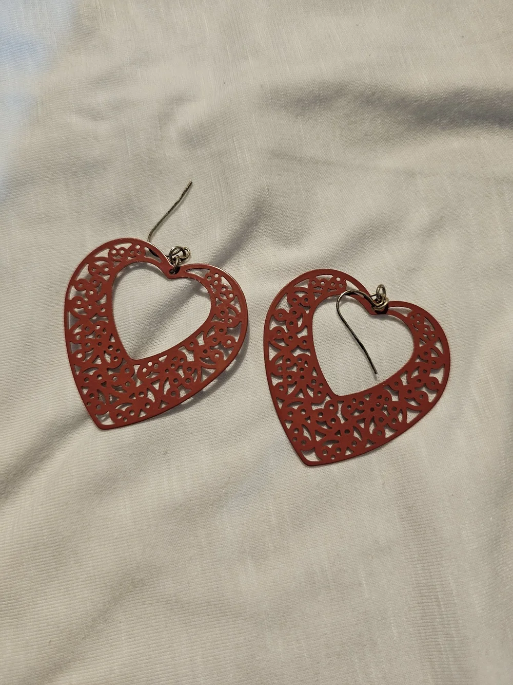 Red Heart Filigree Drop Earrings for Women
